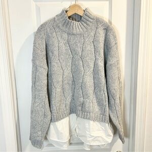 Gray Cable Knit Sweater with White Layered Hem Size XL